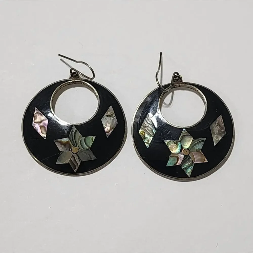 Vintage 925 sterling silver Mexican cloisonne French wire earrings